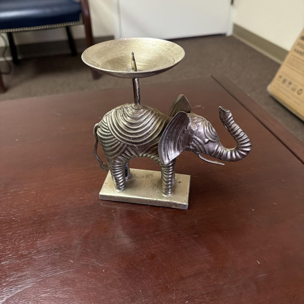 Silver Tone Metal Trunk Up Elephant Pillar Candle Holder, 6 1/2" tall,...